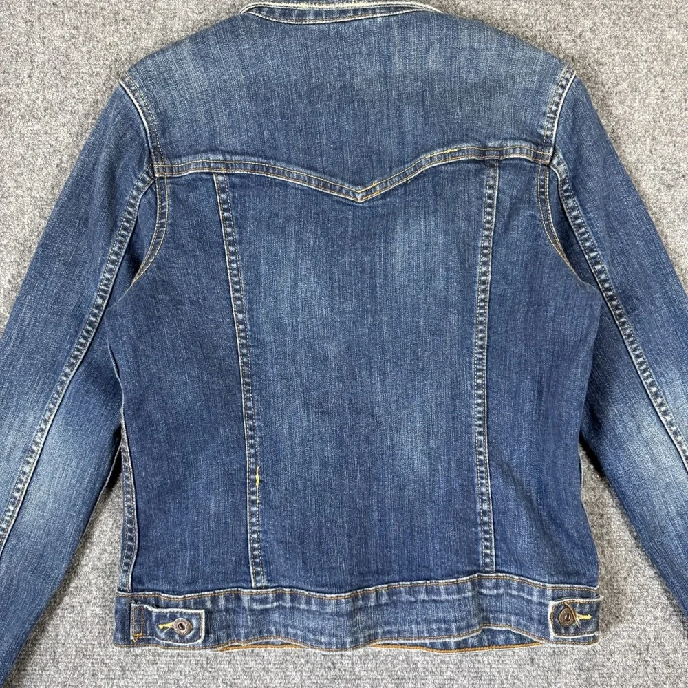 Y2K Levis Denim Trucker Jean Jacket Dark Wash Blue Red Tab Size Medium #3597